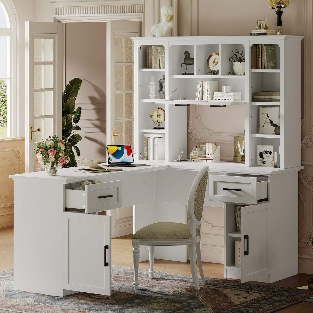 White L-Shaped Computer Desk with Hutch and Storage P169