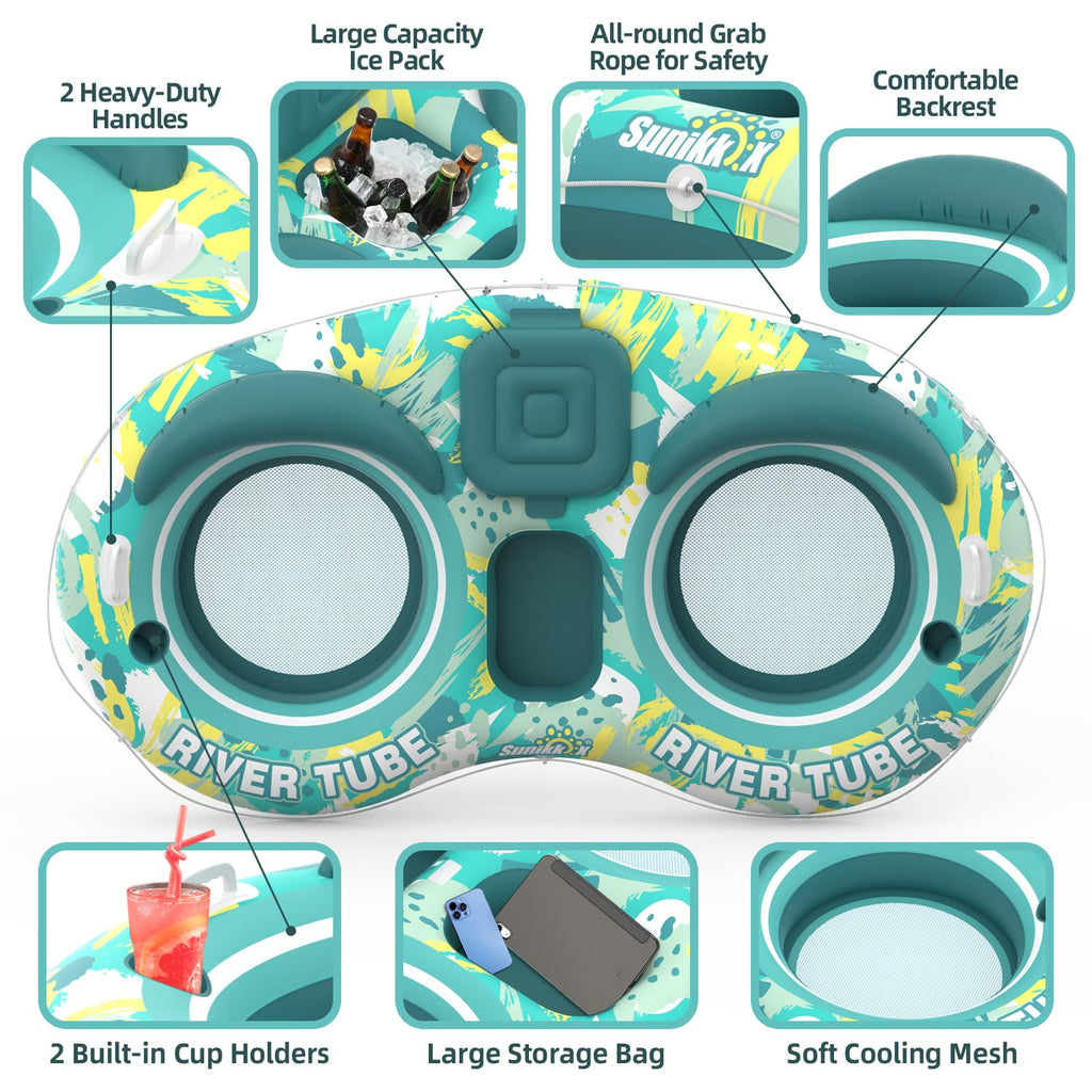 5-in-1 Pool Floats 2 Person River Tube with Backrests Built-in Cooler K1150