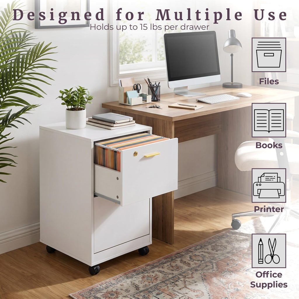 White 2 Drawer Wooden File Cabinet with Lock J18379