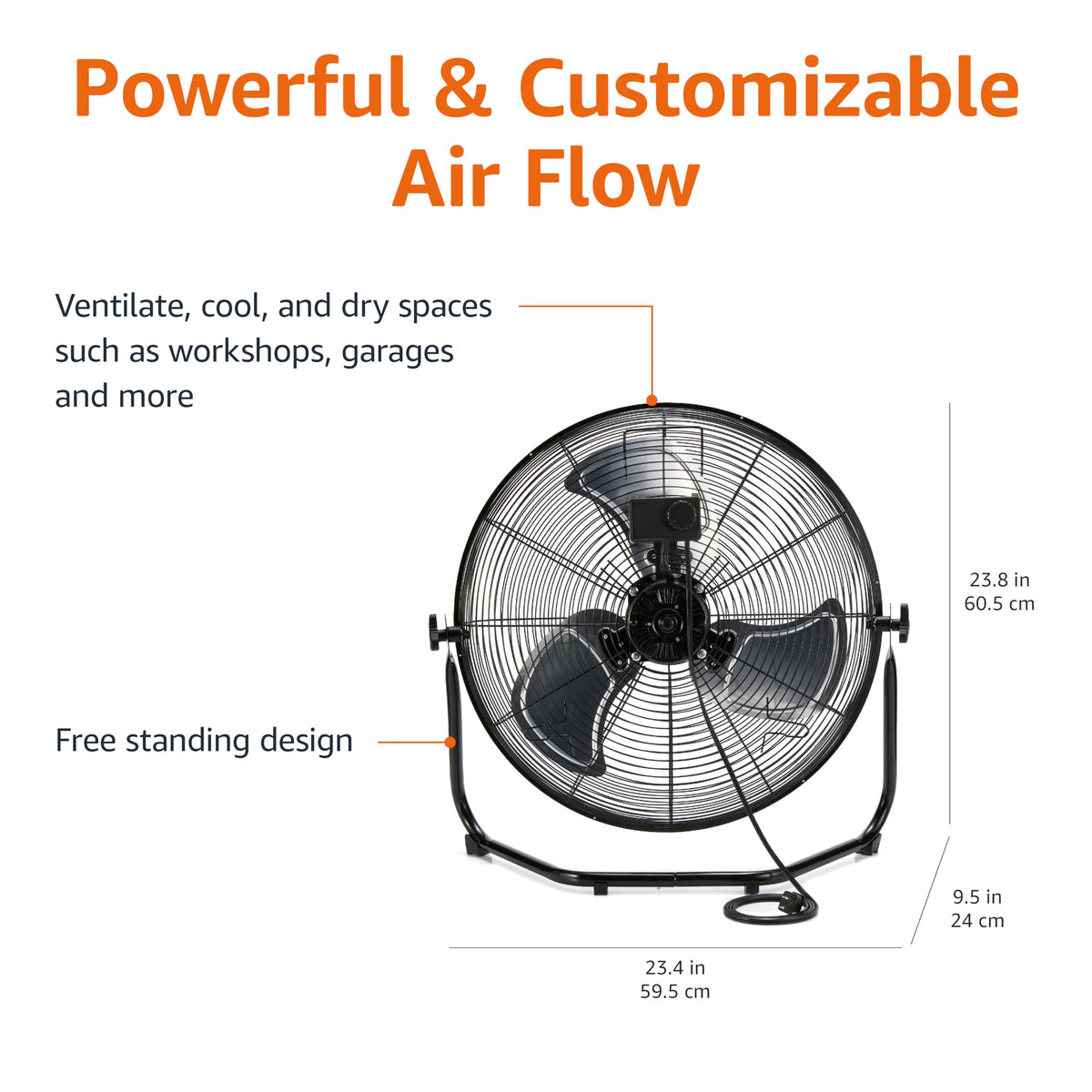 20" High Velocity Industrial Floor Fan with 3 Speeds, Metal Housing, Black F8959