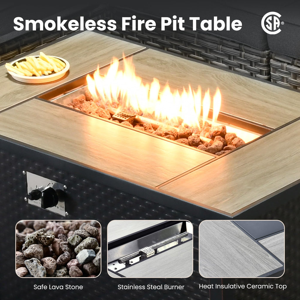 Charcoal Grey 9 Pieces Wicker Outdoor Sectional Sofa Set with Fire Pit Table K7952