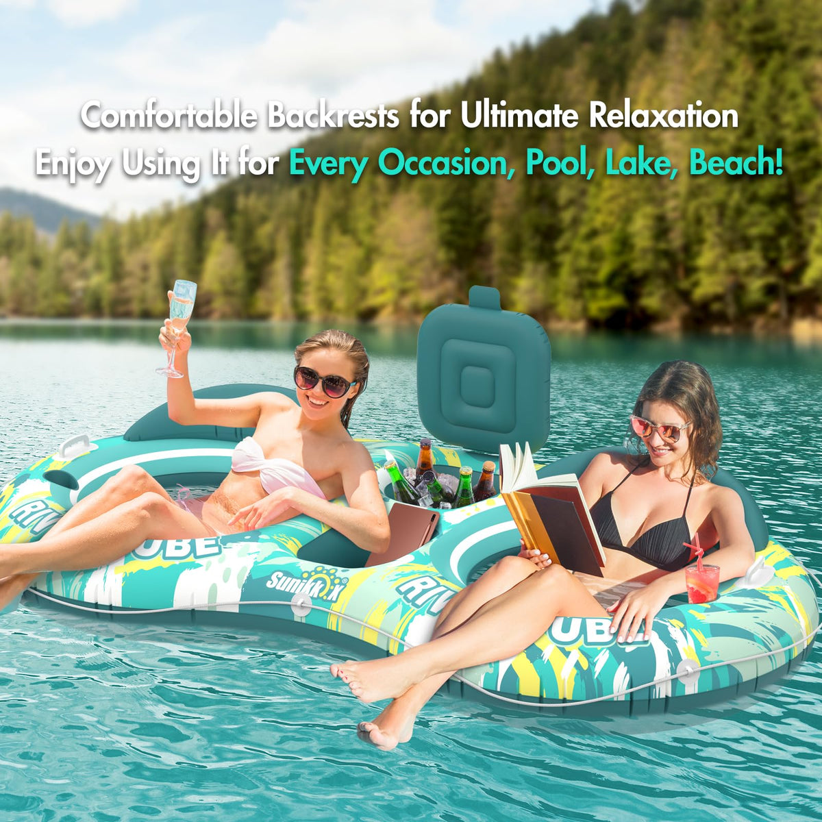 5-in-1 Pool Floats 2 Person River Tube with Backrests Built-in Cooler K1150