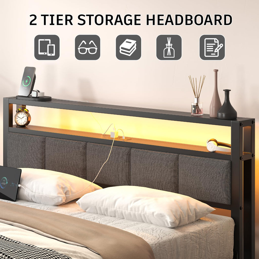 Light Grey Full Size Bed Frame with LED Lights and Charging Station G55174