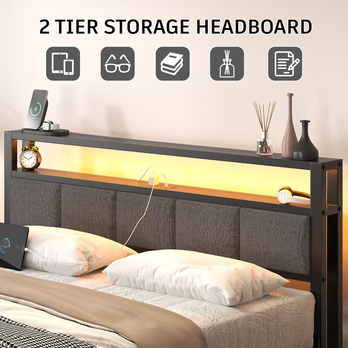 Light Grey Full Size Bed Frame with LED Lights and Charging Station G55174