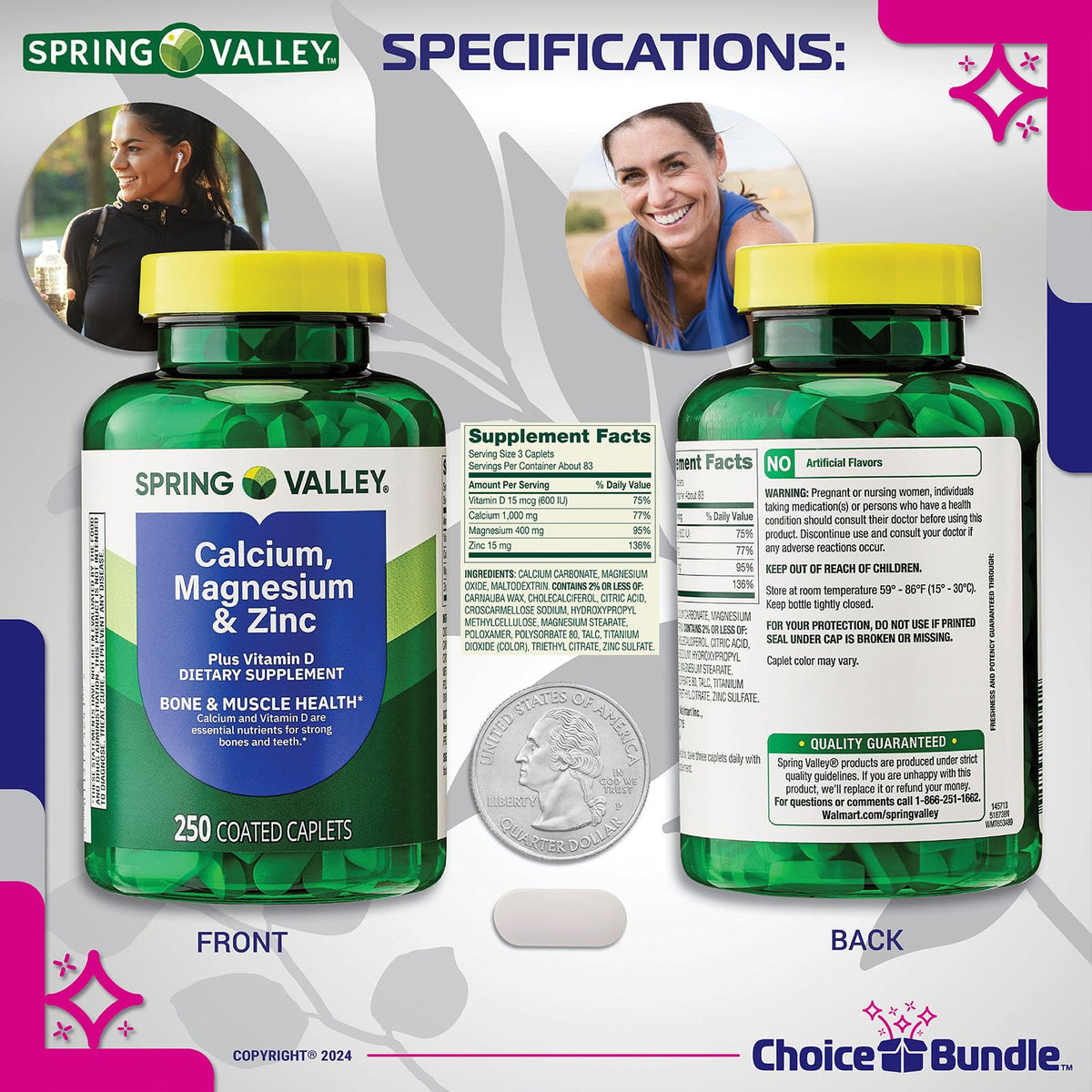 Calcium Magnesium Zinc Plus Vitamin D Caplets 250 Ct 2 pk D789