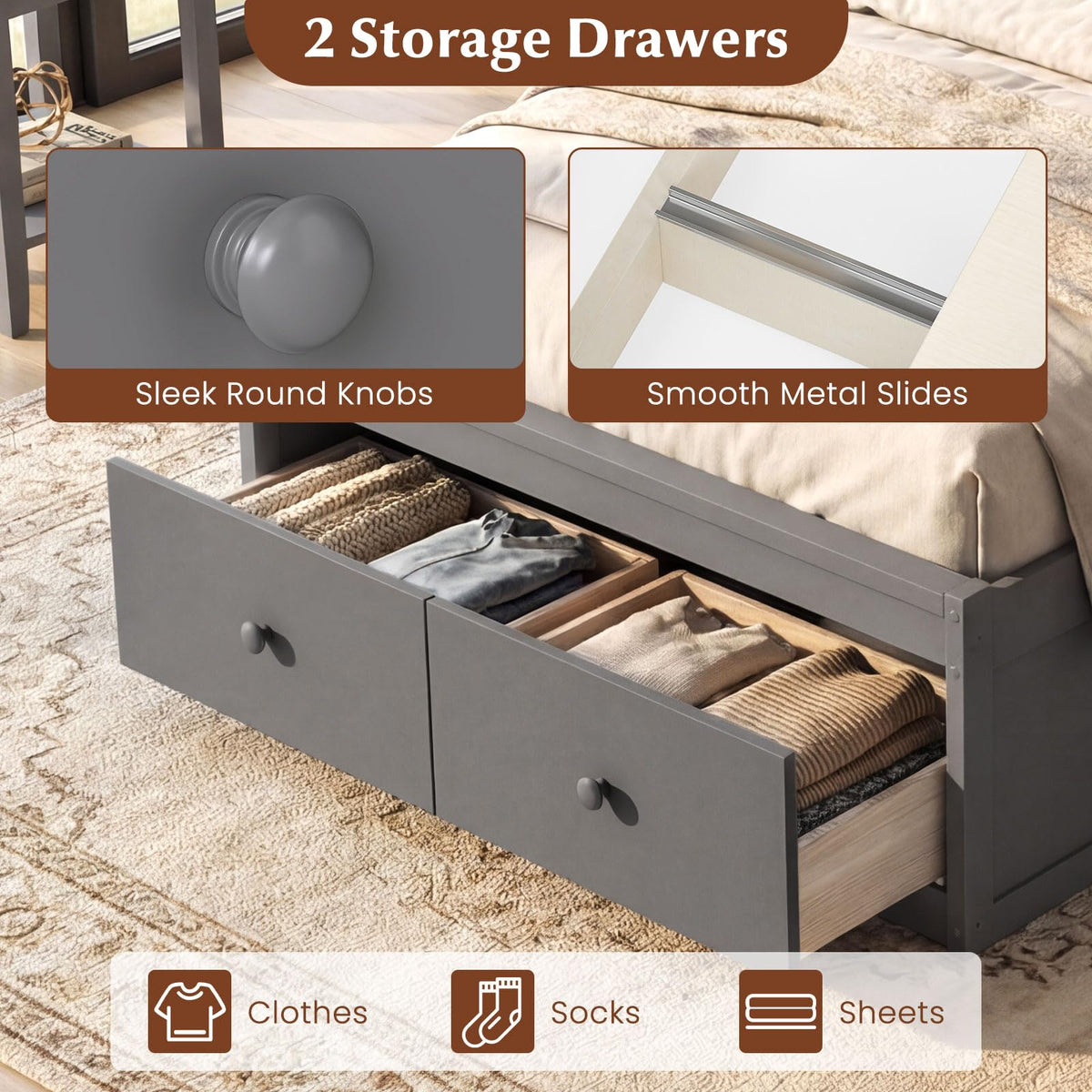 Grey Twin Wood Platform Bed with Storage Drawers K316