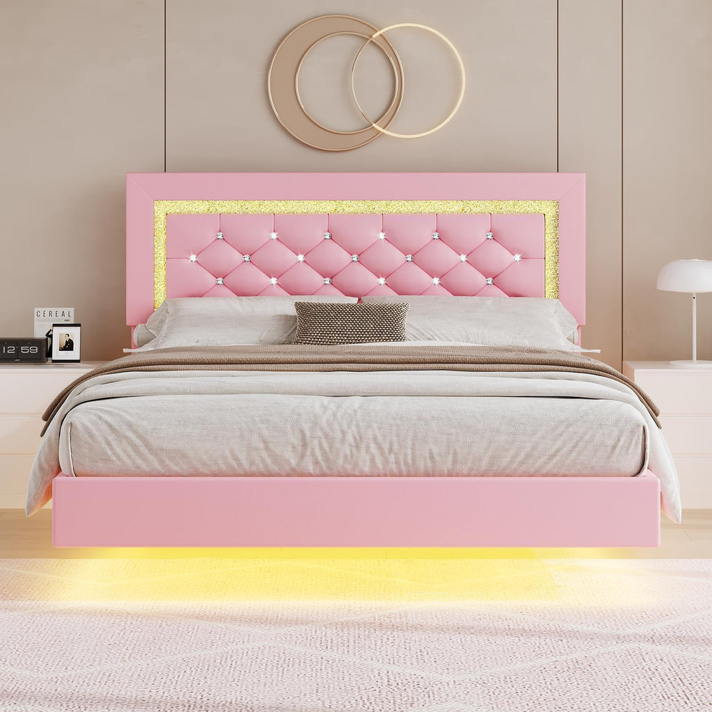 Pink Full Floating Bed Frame with LED Lights and Diamond Headboard I12415