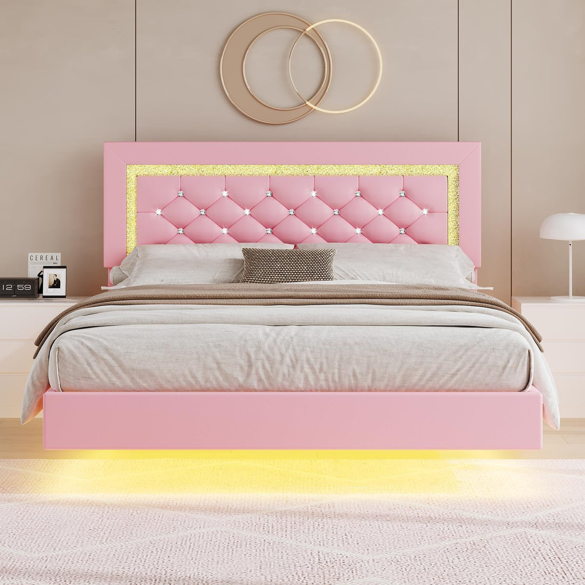 Pink Full Floating Bed Frame with LED Lights and Diamond Headboard I12415