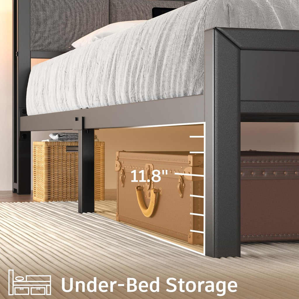 Light Grey Full Size Bed Frame with LED Lights and Charging Station G55174