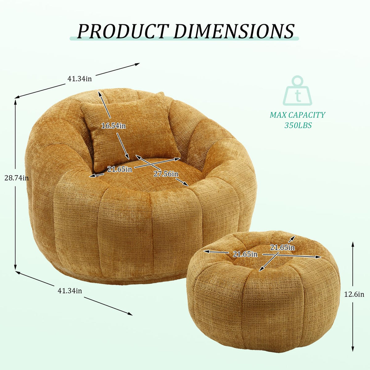 Yellow Chenille Bean Bag Chair with Ottoman and Pillow H34155
