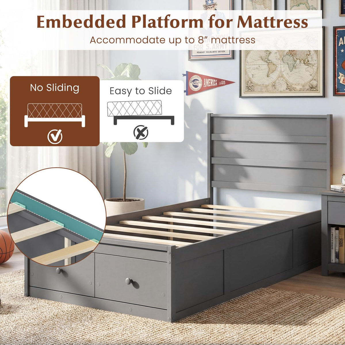 Grey Twin Wood Platform Bed with Storage Drawers K316