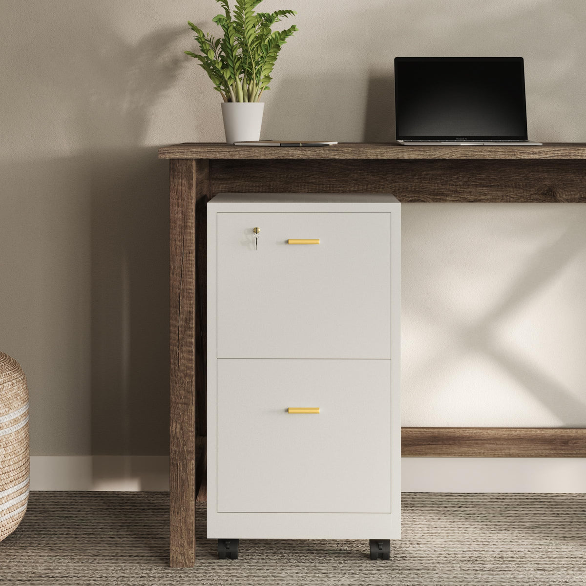 White 2 Drawer Wooden File Cabinet with Lock J18379