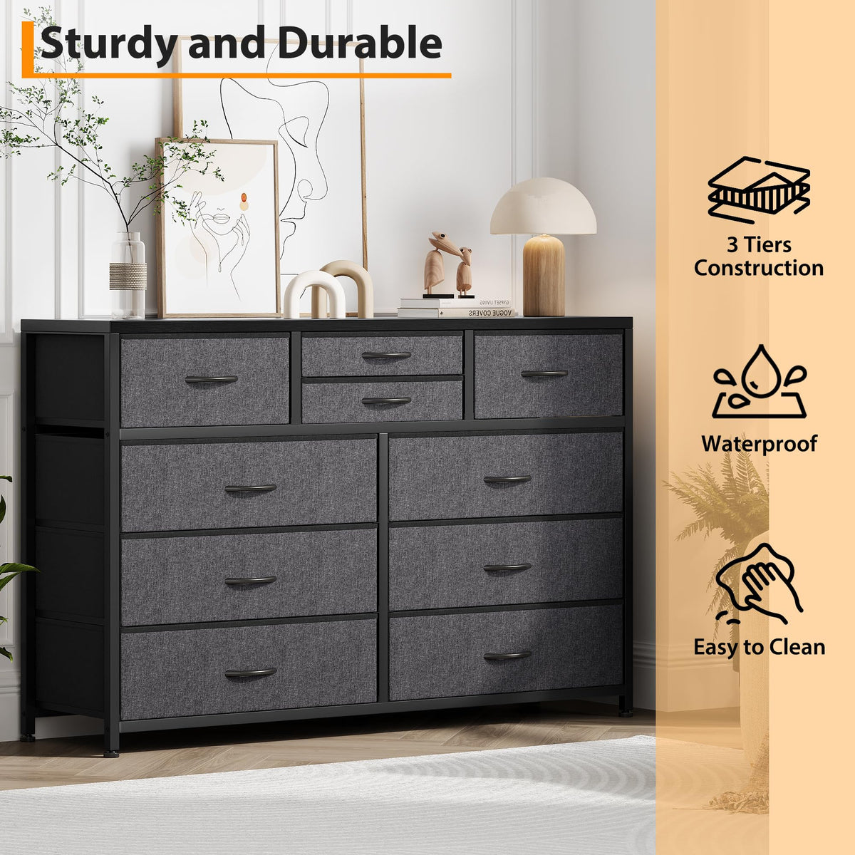 10 Drawer Fabric Dresser with Wood Top N30701