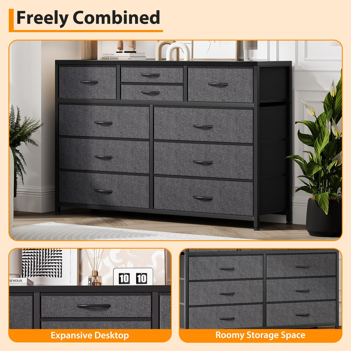 10 Drawer Fabric Dresser with Wood Top N30701