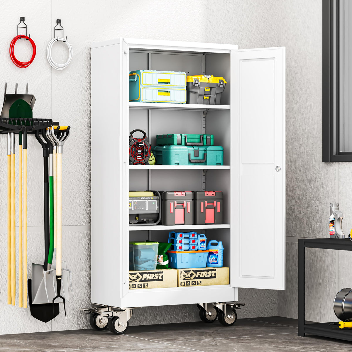61" Metal Rolling Storage Cabinet with 2 Doors and Wheels N96586