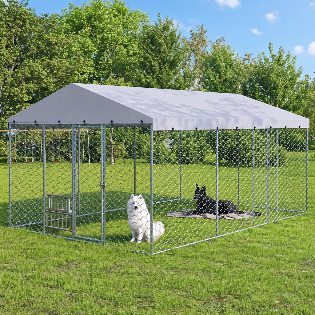 10x15FT Outdoor Dog Kennel with Bowls & Roof A87712