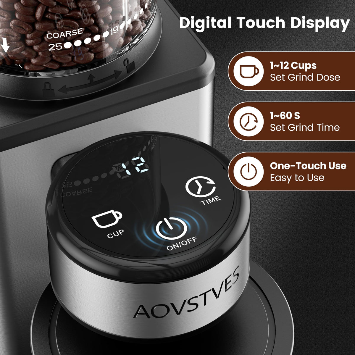 Electric Coffee Grinder with 25 Grinding Settings and 60-Second Timer S538
