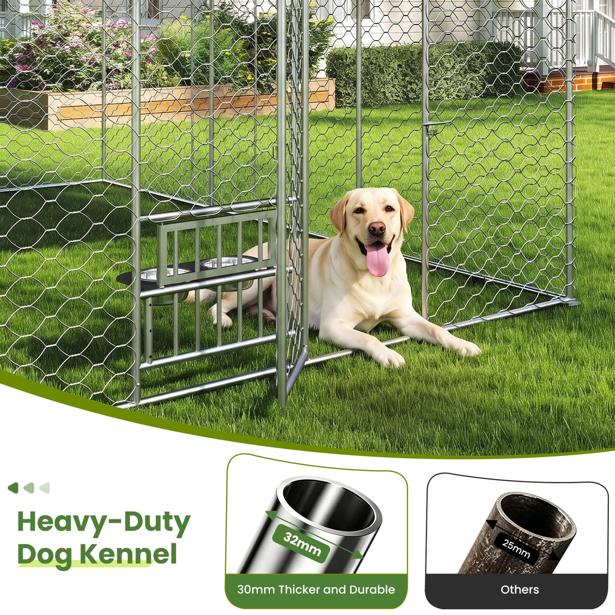 10x15FT Outdoor Dog Kennel with Bowls & Roof A87712