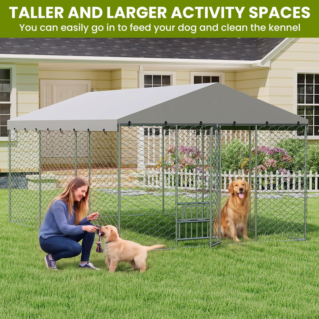 10x15FT Outdoor Dog Kennel with Bowls & Roof A87712