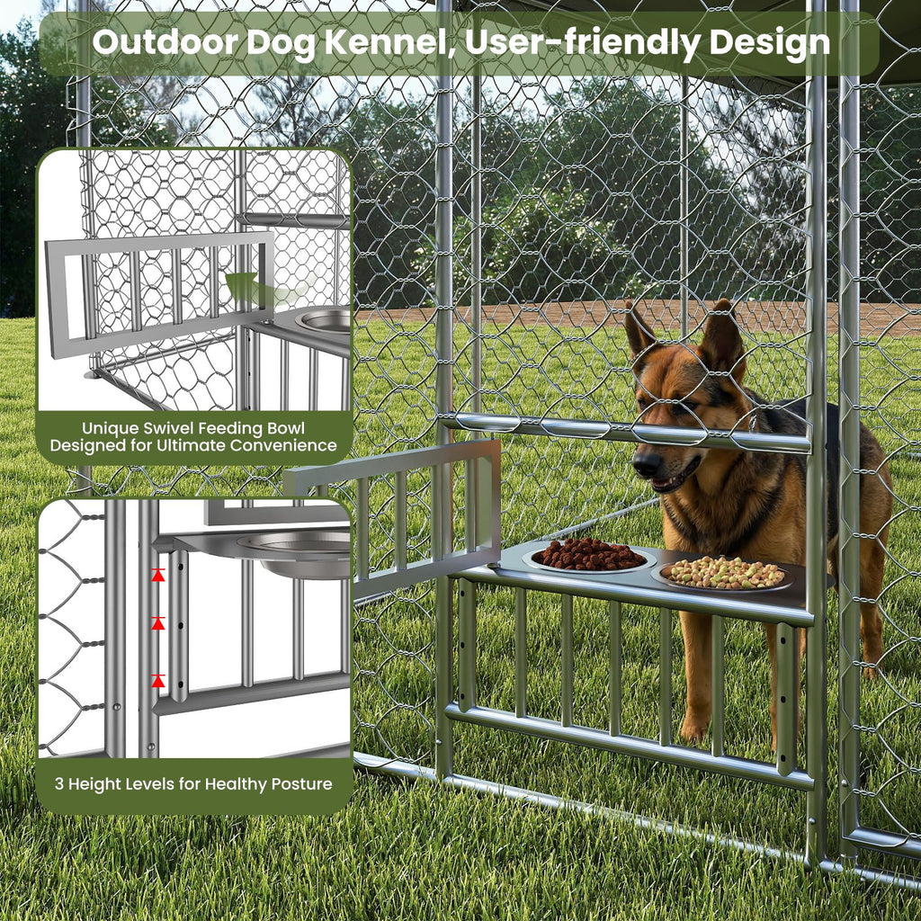 10x15FT Outdoor Dog Kennel with Bowls & Roof A87712